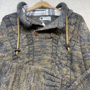 Leif Nelson Sweater Mens Blue Tan LN5240 Cable Knit Hooded Button Shawl Pullover